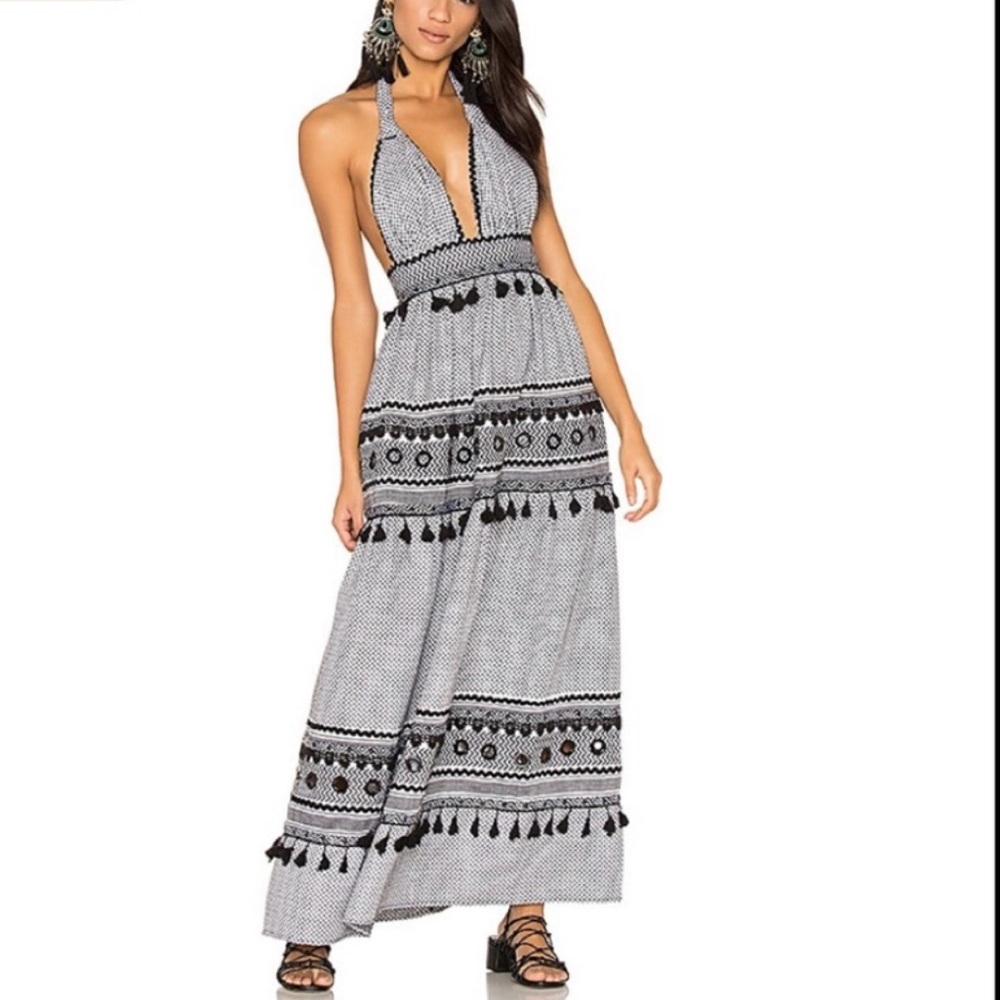 Dodo Bar Or Black & White Maxi Halter Backless Dress With Tassel & Grommets Sz M